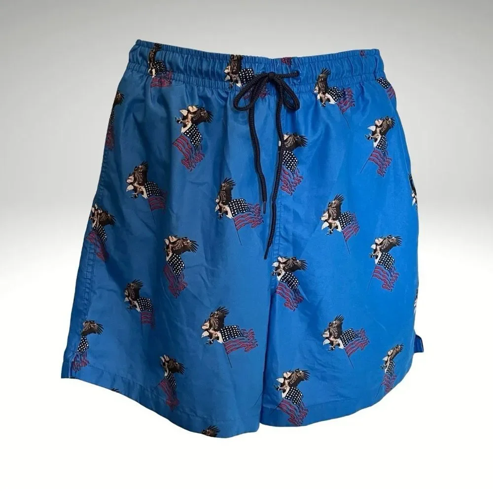 NEW! Wave Zone Blue Swim Shorts with Patriotic Eagle and Flag. NWOT. Men’s L